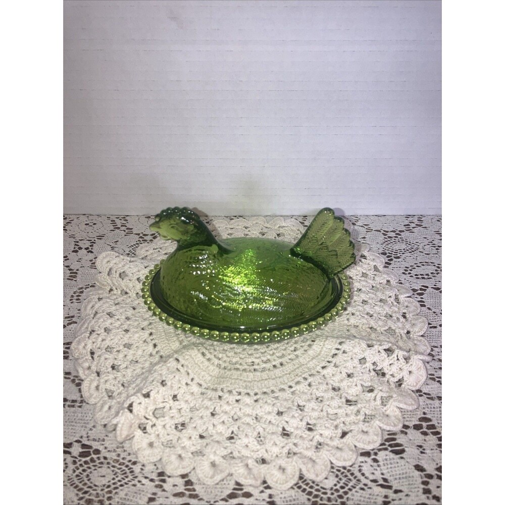 Hen On Nest Chicken Candy Dish 4-3/4" Long Indiana Style Acrylic Plastic Green